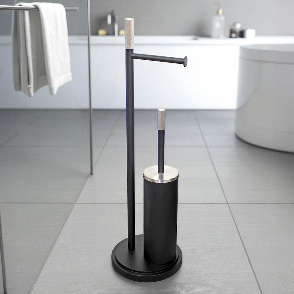 image 1 of Showerdrape Chester Black Toilet Roll Holder & Toilet Brush Combination | Black | 1