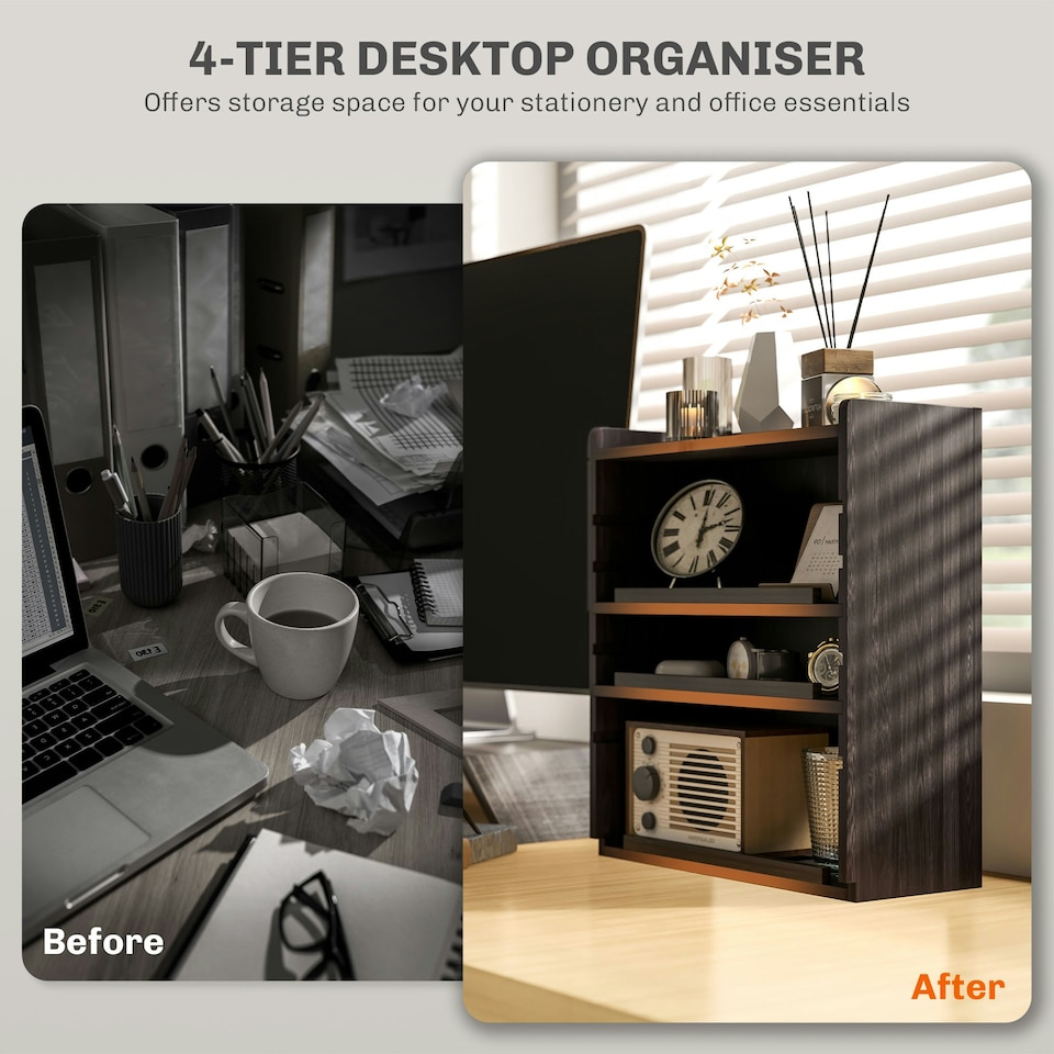 image 1 of HOMCOM 4-Tier Desktop Organiser with Cable Management for Stationery Dark Brown