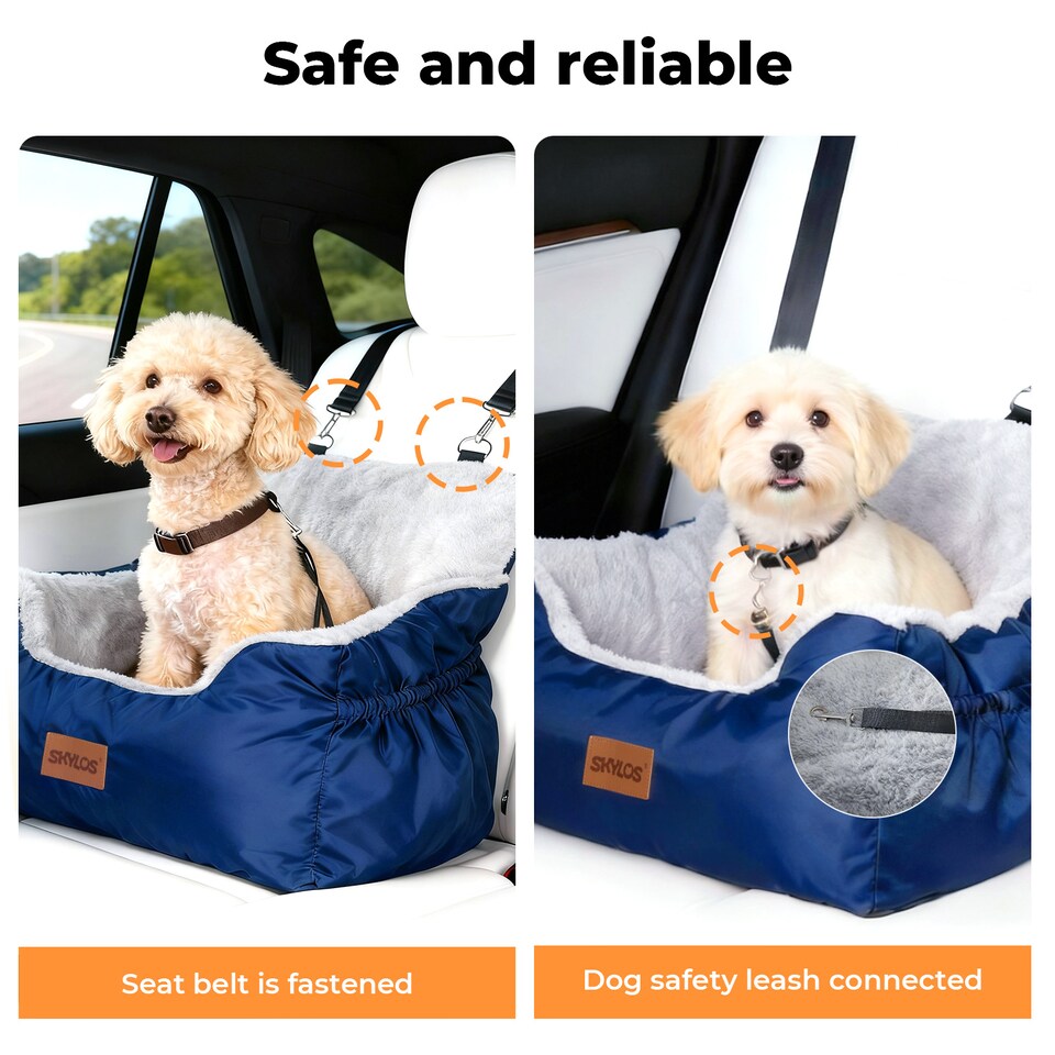 image 1 of Skylos Dog Car Seat Bed Pet Booster Travel Carrier with Safety Leash | Blue | Blue | 1