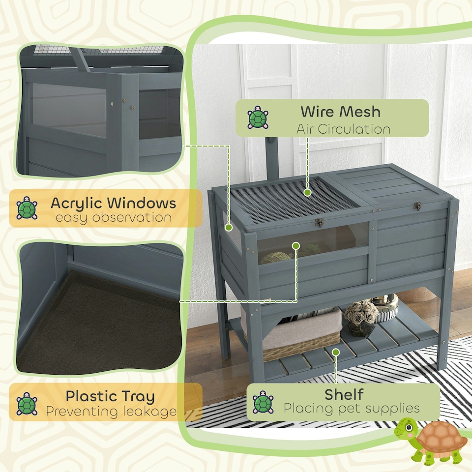 image 1 of PawHut Wooden Tortoise House w/ Run, Shelter, Shelf, Lamp Holder, Grey