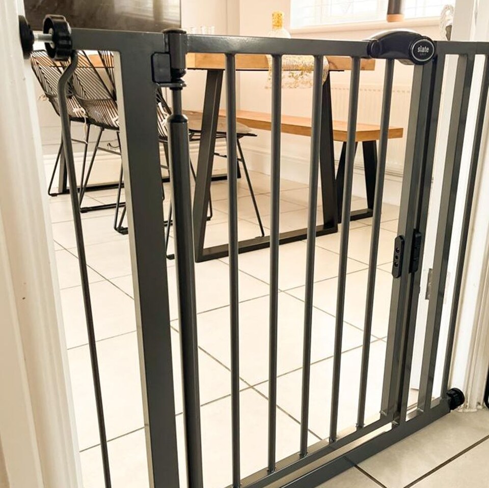 image 1 of Bettacare Auto Close Pet Gate, 68.5cm - 75cm, Slate Grey, Narrow, Narrow Pressure Fit Stair Gate for Dog & Puppy, Safety Barrier for Narrow Doors Hallways and Spaces, Easy Installation