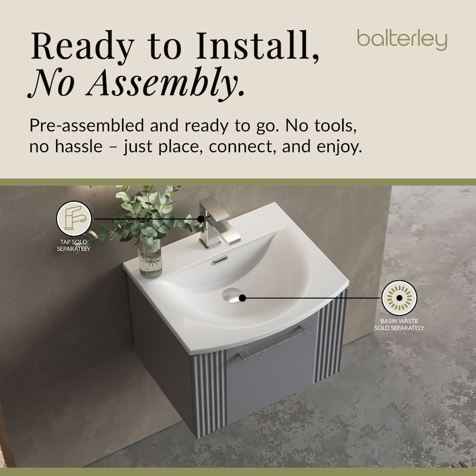 image 1 of Balterley Partial Fluted 1 Drawer Wall Hung Vanity Unit with 1 Tap Hole Curved Basin | Grey | Satin Grey
