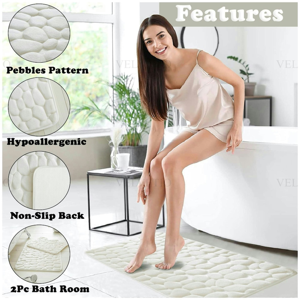 image 1 of VELVETIO 2Pc Pebble Bath Mat Set Memory Foam Bathroom Toilet Rugs Cream