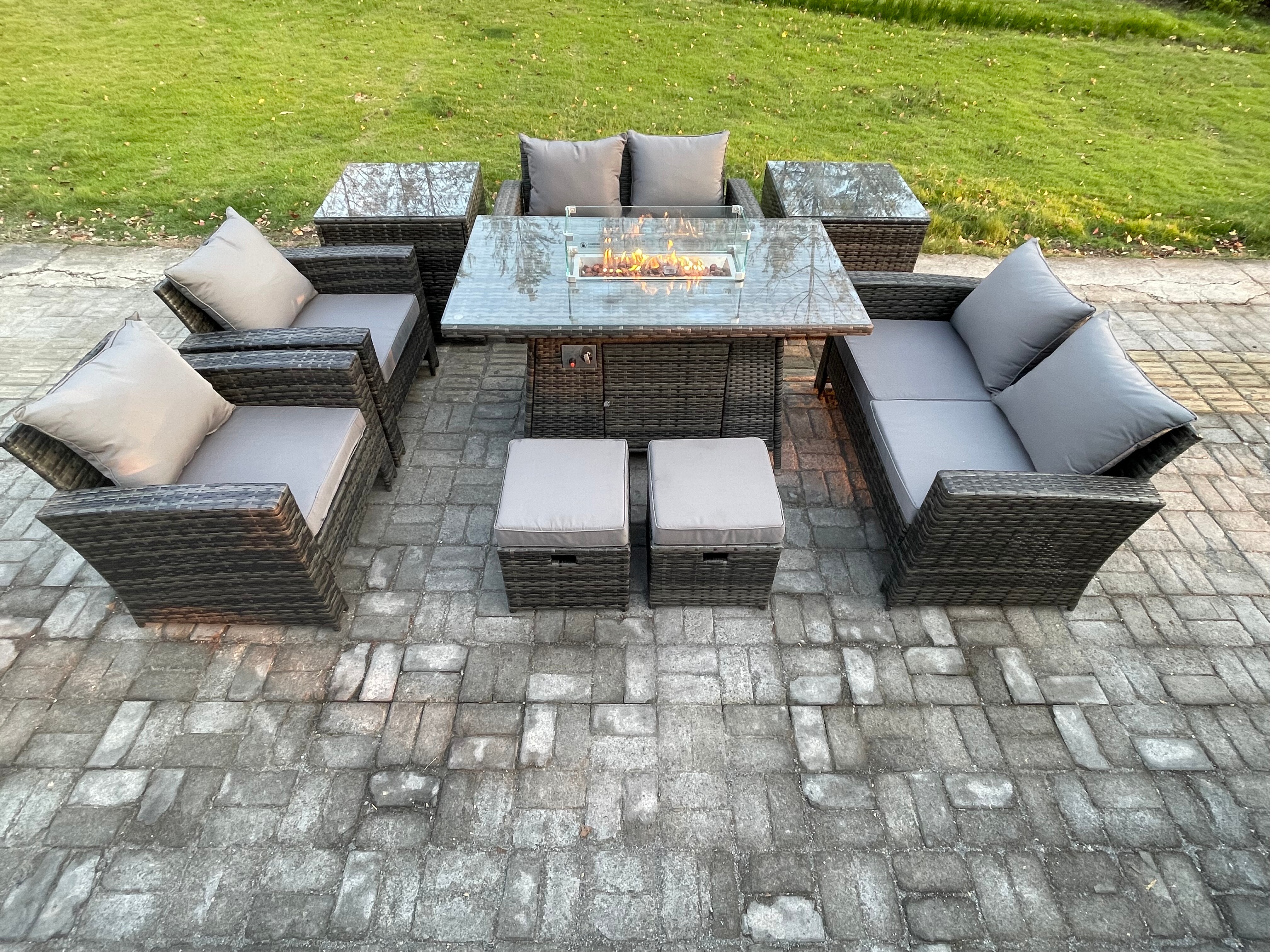 Fimous Outdoor Garden Furniture Sets 9 Pieces Wicker Rattan Furniture Gas Firepit Dining Table Sofa Set with 2 Small Footstools 2 Side Tables Dark Gre