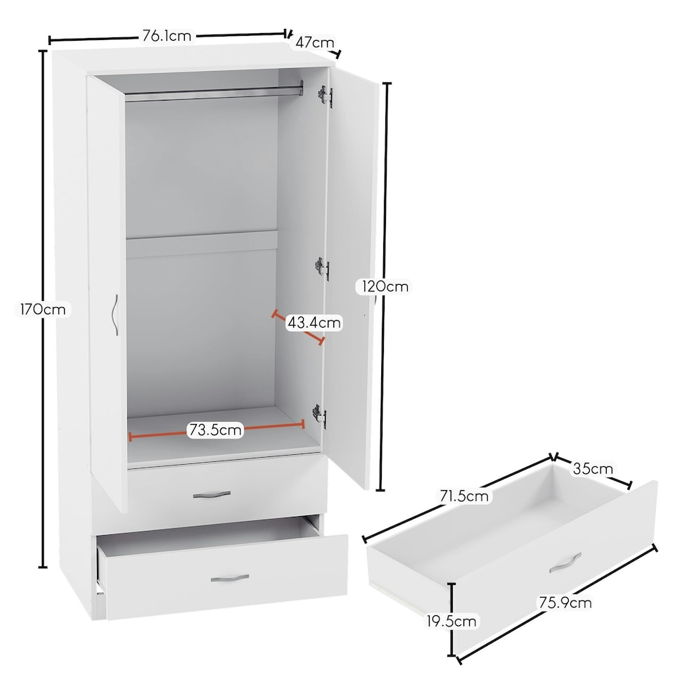 image 1 of Vida Designs Riano 2 Door 2 Drawer Wardrobe With Shelf & Clothes Rail, White