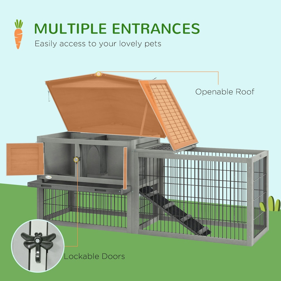 image 1 of PawHut Rabbit Hutch, Wooden Guinea Pig Hutch with Run & Tray, Grey