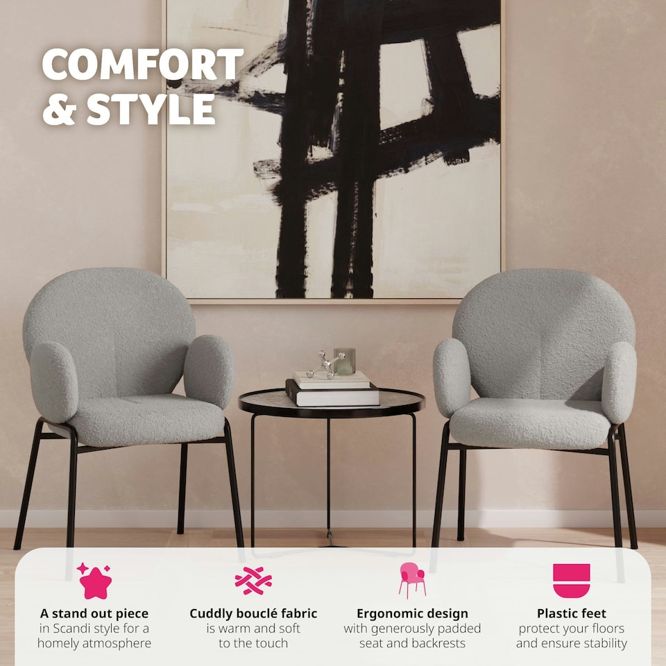 image 1 of Dining Chair - Boucle cover, plush padding, high backrest - Set of 2 Grey | Light Grey