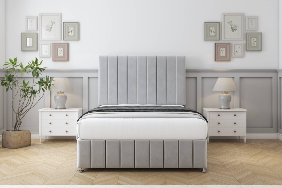 image 1 of Sloomy California Silver Plush Divan Bed Base No Drawers With 26 Inch Strutted Headboard & 12 Inch Matching Footboard | Silver | Silver | Double | 1
