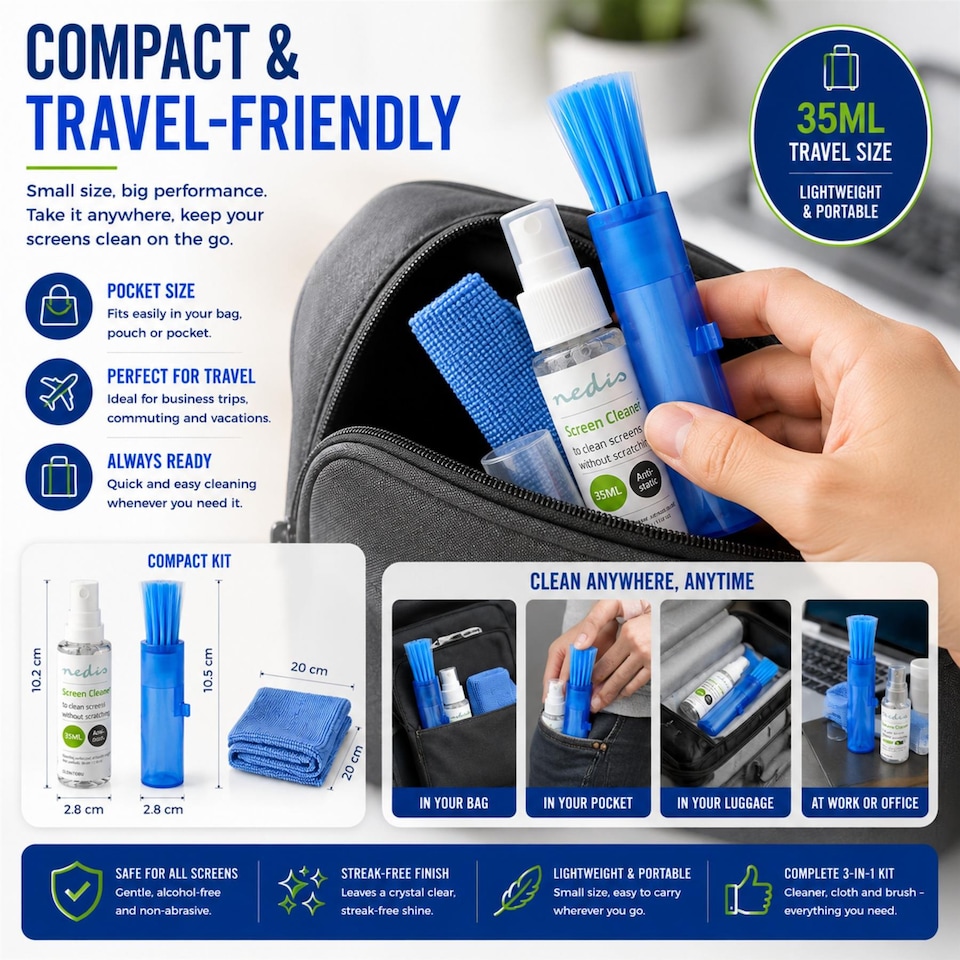 image 1 of Screen Cleaning Kit 35ml Anti-Static Alcohol-Free Cleaner, Cloth & Brush, Streak-Free TV Laptop Phone Cleaner Travel Size