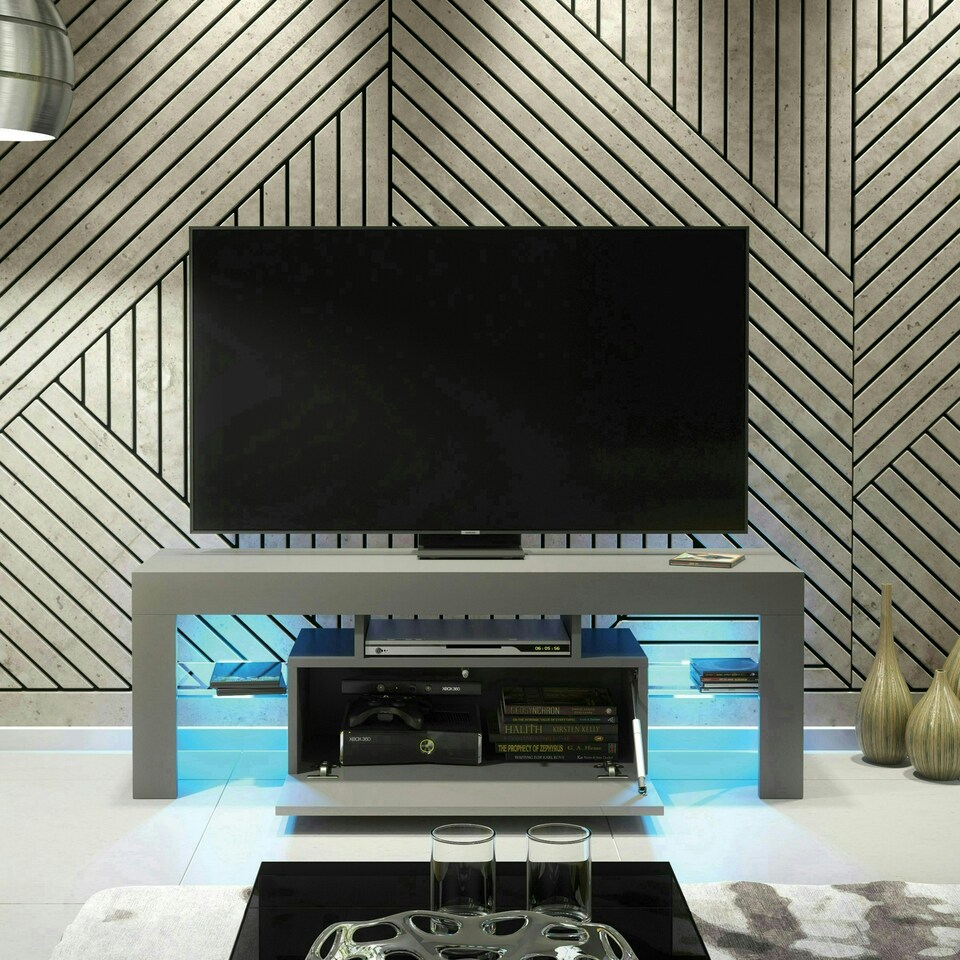 image 1 of TV Unit 130cm Grey Gloss Door Grey Matt Body with Glass Sides Free LED Grey
