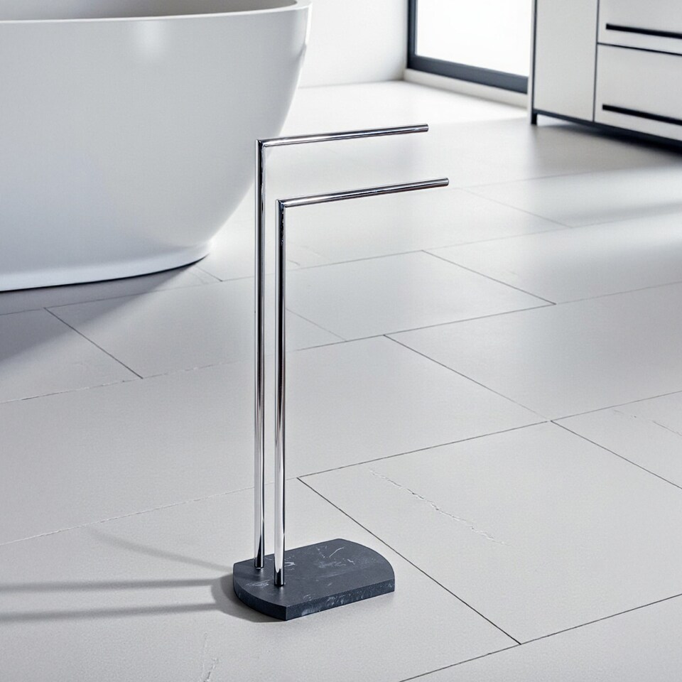 image 1 of Showerdrape Octavia Grey Marble & Chrome Freestanding Towel Stand | Grey | 1