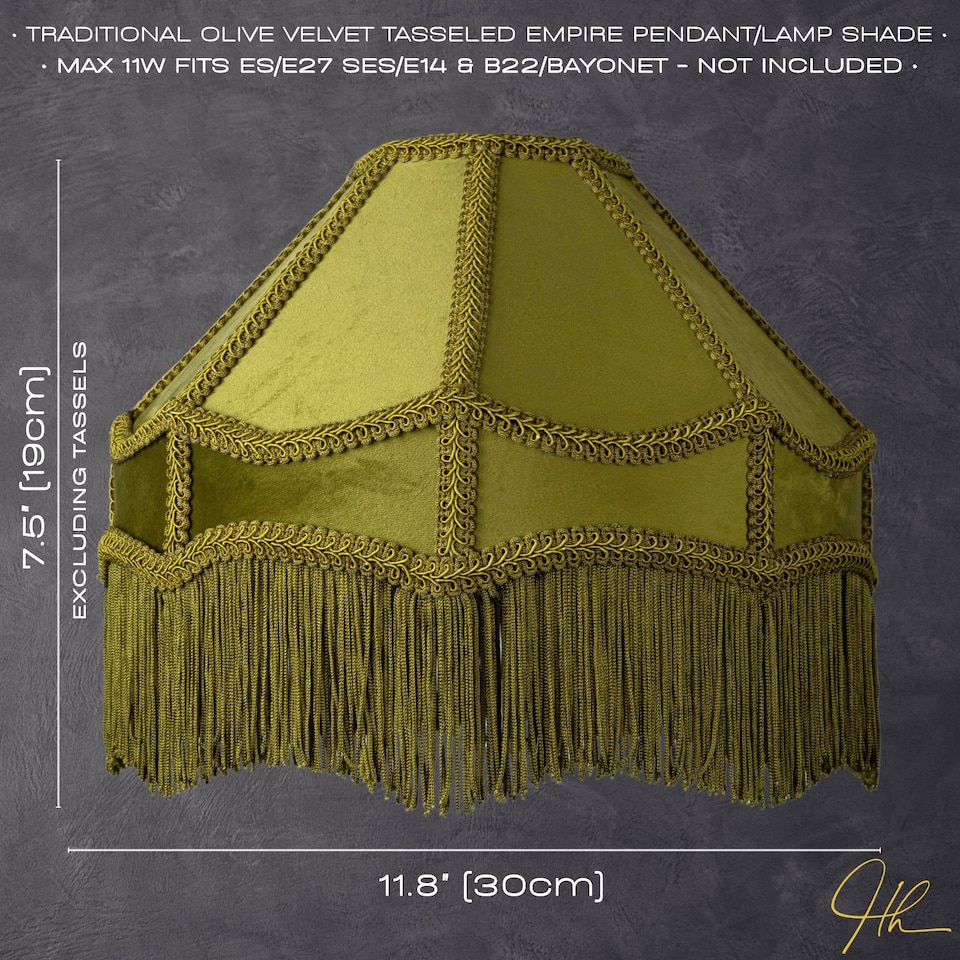 image 1 of Traditional Victorian Empire Lamp Shade in Olive Green Velvet with Long Tassels | Green | Olive Green | 1