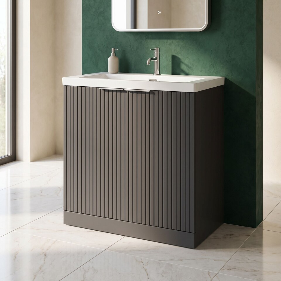 image 1 of Balterley Callingwood Contemporary Floor Standing 2 Door Vanity Unit with 1 Tap Hole Fireclay Basin , 800mm, Dark Grey