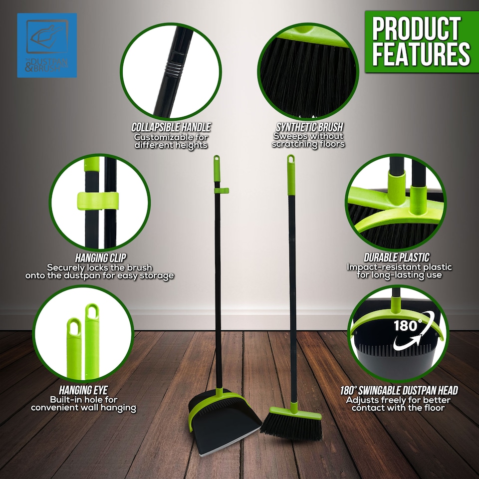 image 1 of Long Handled Dustpan and Brush Set Upright Sweeping Broom with Built-In Bristle Cleaner