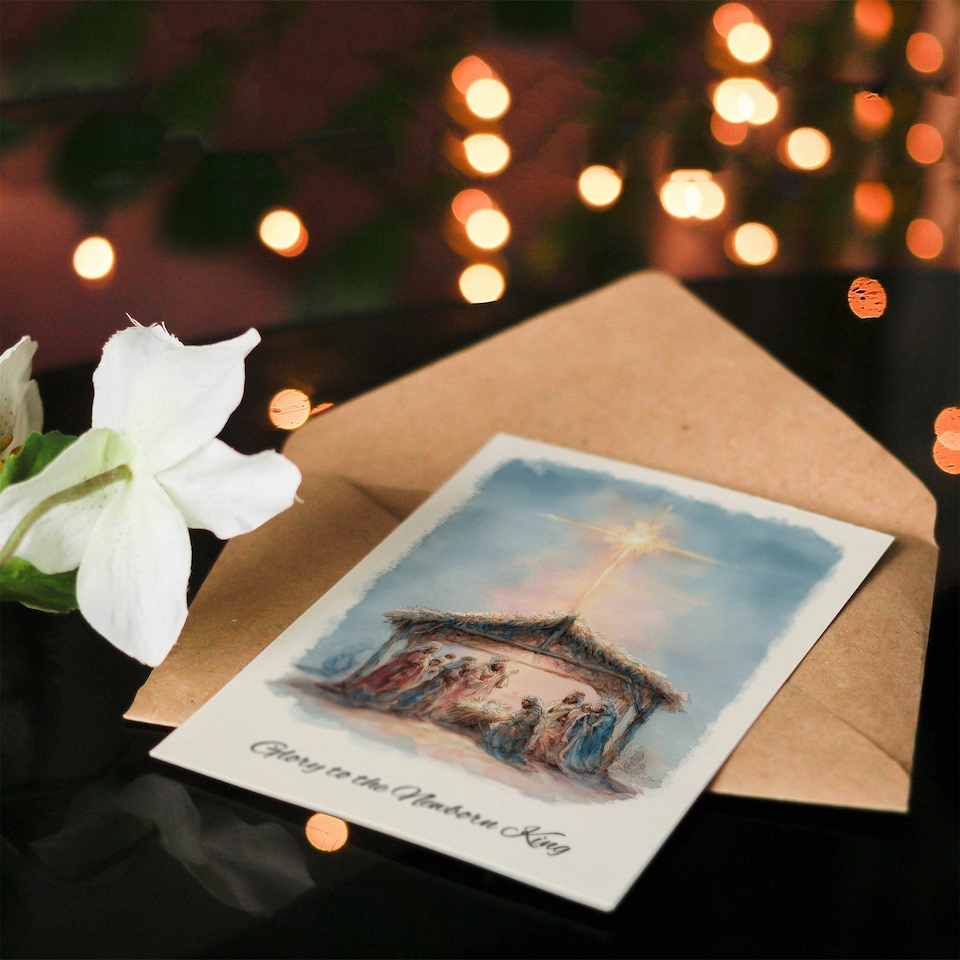 image 1 of Christmas Card Nativity Scene Glory To Newborn King Watercolour