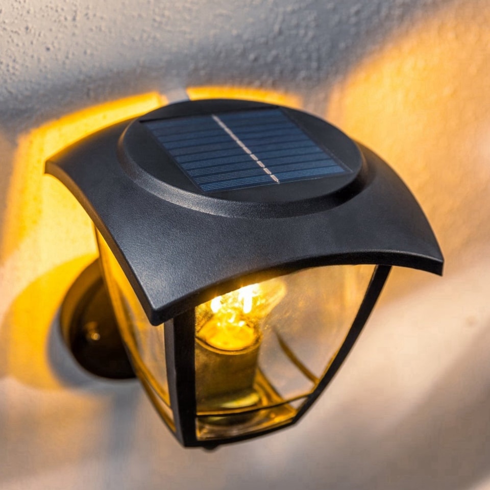 image 1 of CGC LARA Black Solar Outdoor Wall Lantern Traditional Filament Warm White LED IP44 | Black | Black | Height: 23 cm, Depth: 19.5 cm, Width: 16.6 cm