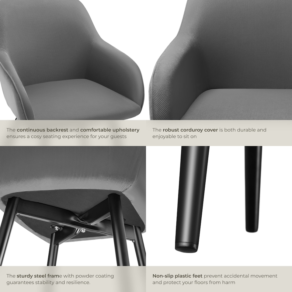 image 1 of Dining Chair Marilyn - corduroy look, upholstered, armchair, continuous backrest | Grey | grey/black | 1