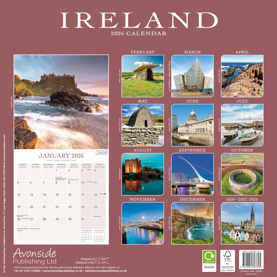 image 1 of Ireland 2026 Calendar | Square Wall Calendar | Travel Gift | Plastic Free Packaging | by Avonside Publishing