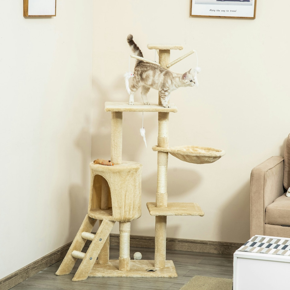 image 1 of PawHut Cat Tree for Indoor Cats, 135cm Scratching Post Climbing Tower, Beige