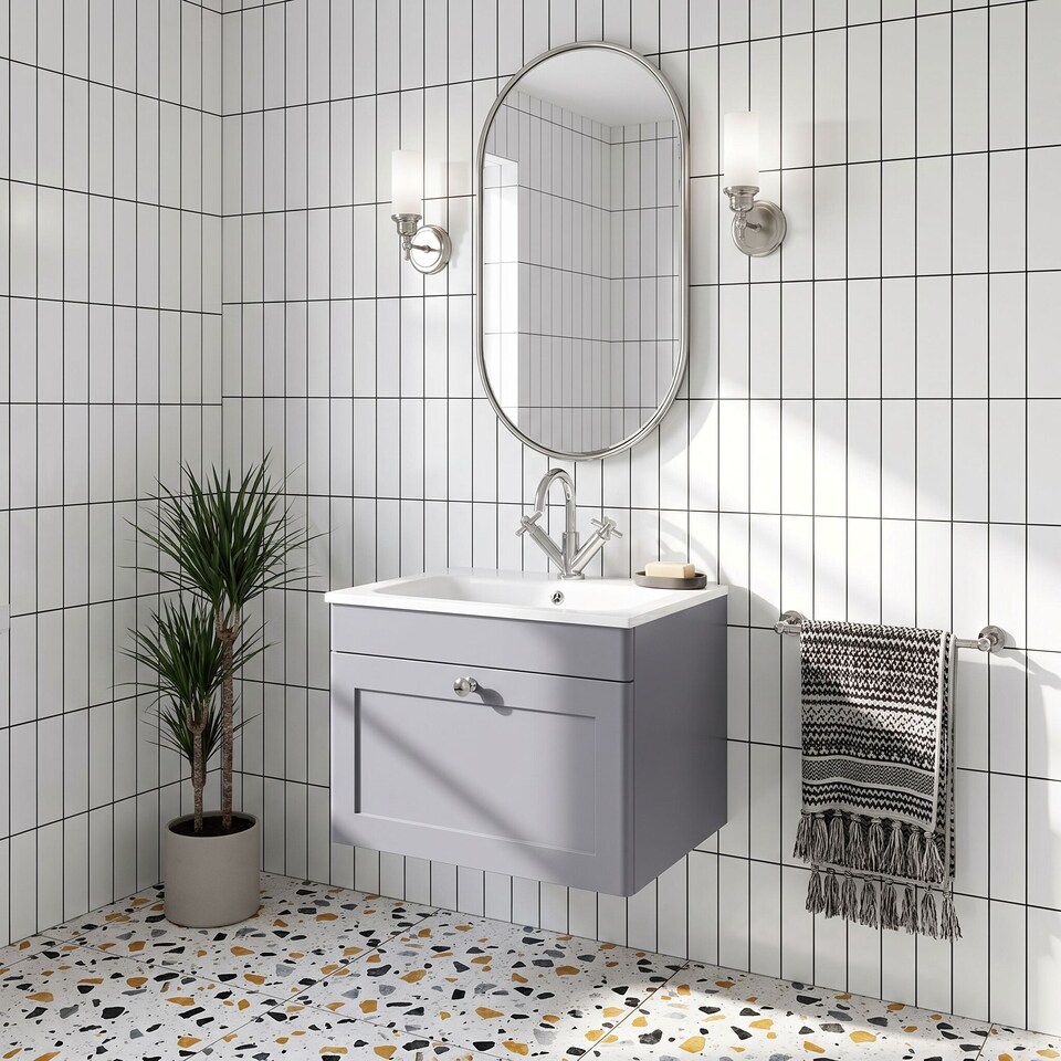 image 1 of Balterley Swynnerton Traditional 1 Drawer Wall Hung Vanity Unit with Stone Basin, Satin Grey, 600mm