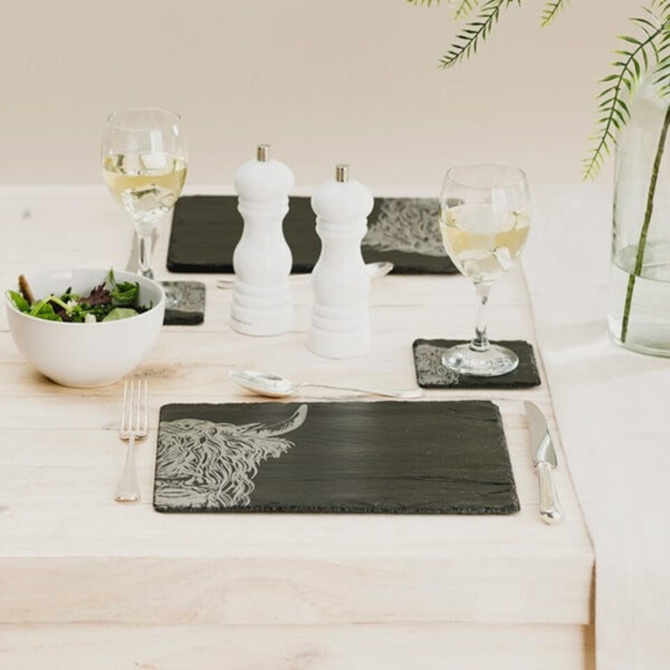 image 1 of The Just Slate Company Highland Cow Slate Coaster & Placemat Set