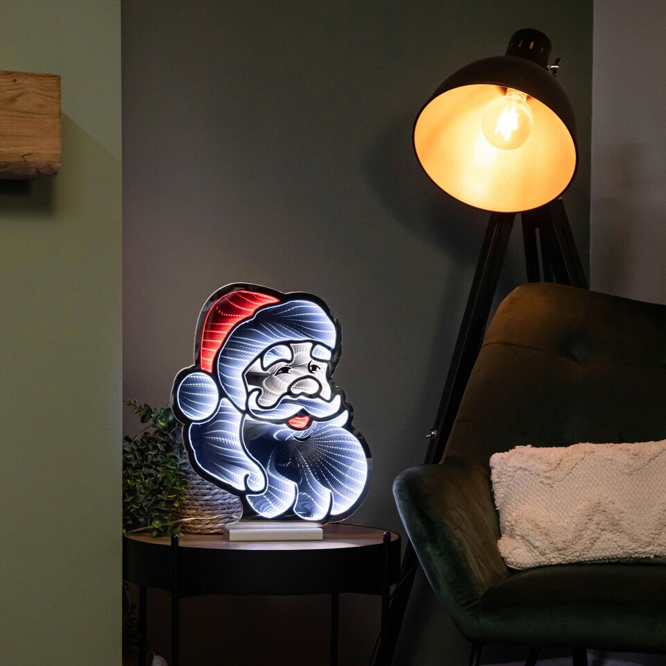 image 1 of 40cm Infinity Santa's Head Christmas Decoration on Wooden Base with Red & White LEDs