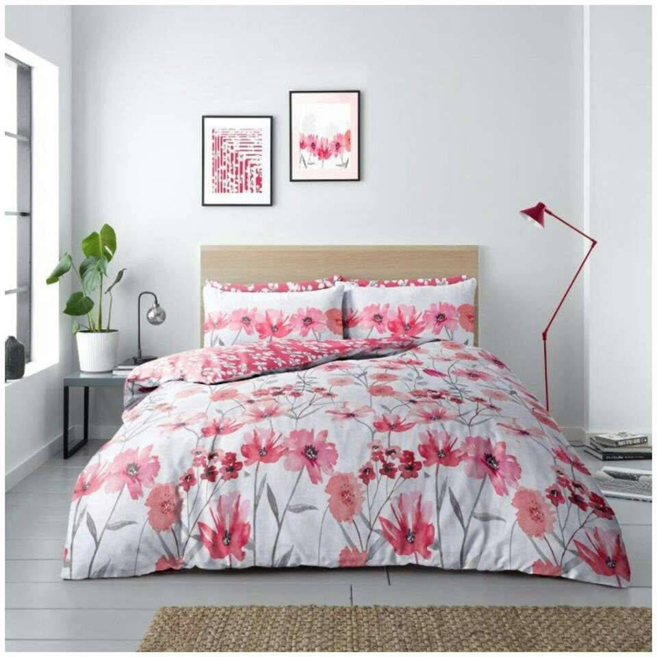 image 1 of VELVETIO Chelsea Floral Complete Duvet Cover Set with Fitted Sheet Soft Polycotton Bedding Sets Red | King