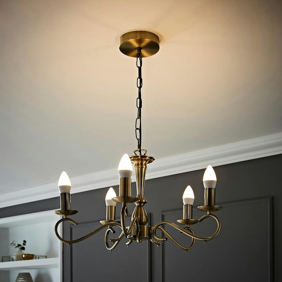 image 1 of ValueLights Antique Brass 5 Way Crystal Jewel Chandelier Ceiling Light Fitting | Gold