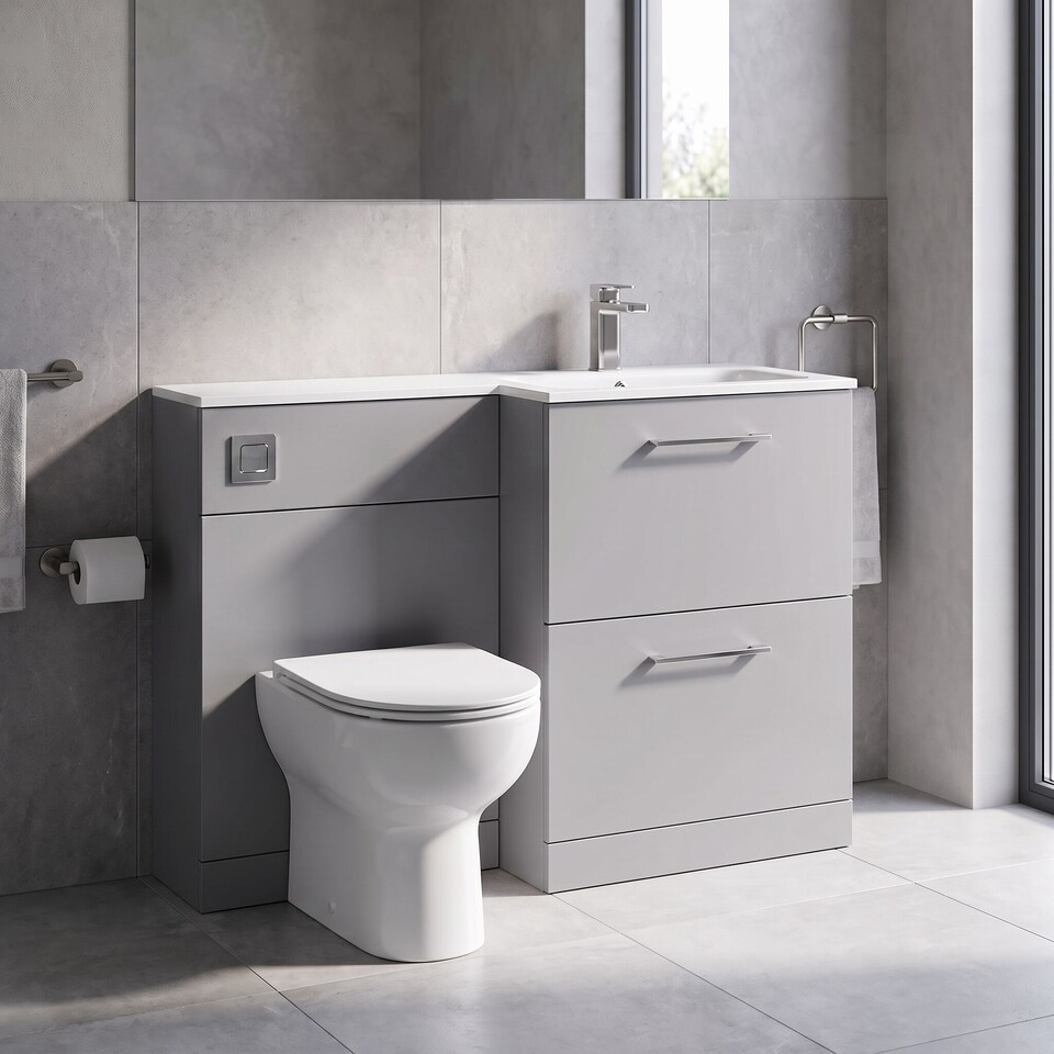 image 1 of Balterley Bramshall Contemporary Floor Standing 2 Drawer Vanity Basin WC Combination Unit, Stone Basin, Right Hand, 1100mm, Satin Grey