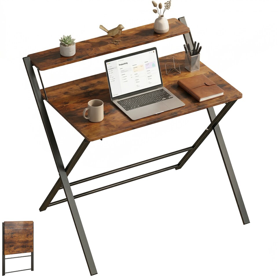 image 1 of HOMCOM Folding Desk with 2-Tier Shelf for Home Office | Black