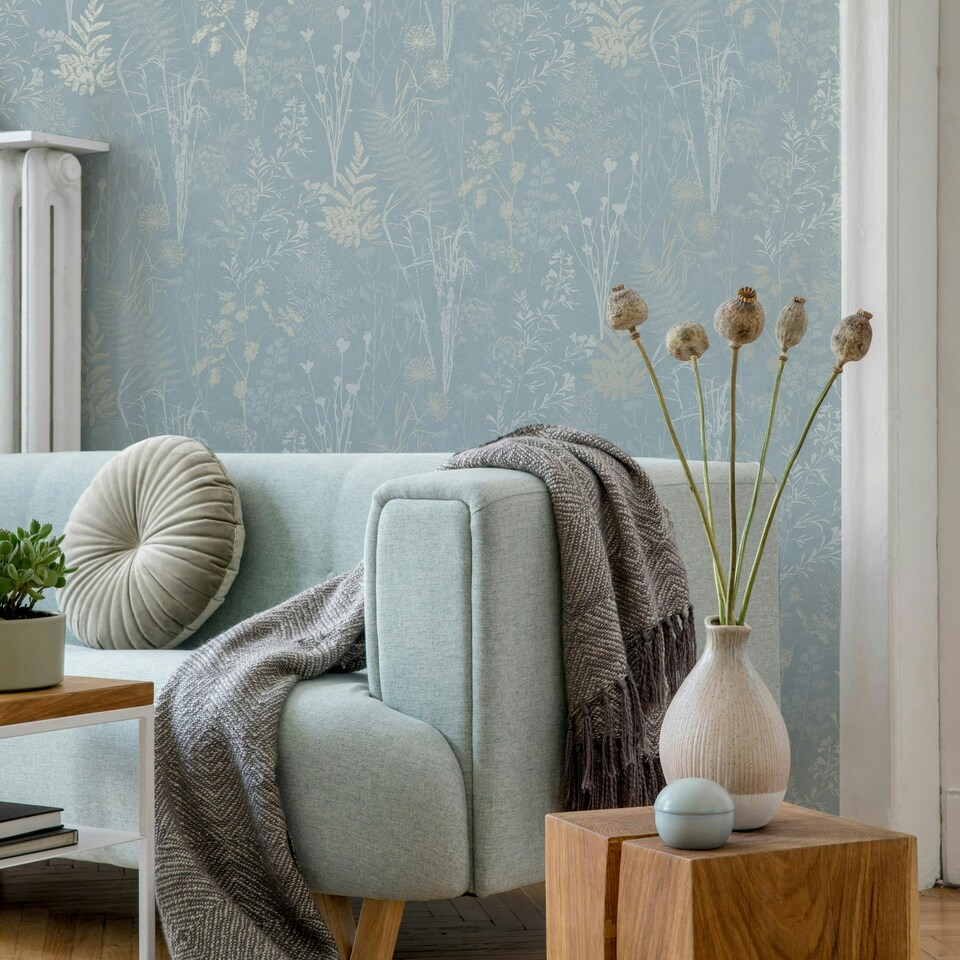 image 1 of Superfresco Easy Duck Egg Metallic Organics Floral Wallpaper Blue | Duck Egg