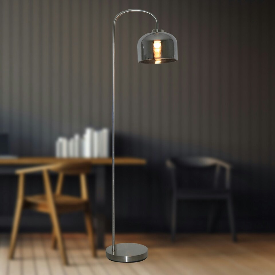 image 1 of Francine - Satin Nickel Arched Floor Lamp with Smoke Glass Shade Silver | Grey