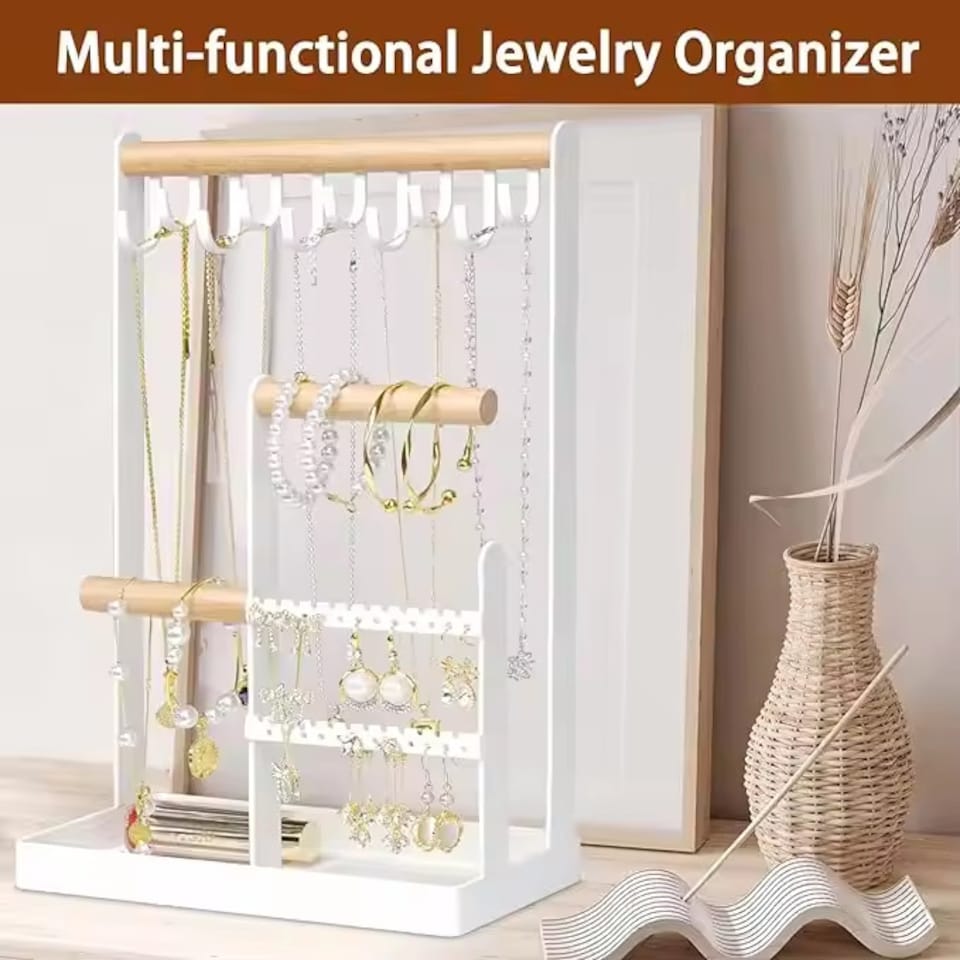 image 1 of Jewellery Stand Holder Wooden Ring Necklace Keys Organizer Tabletop Storage Tray