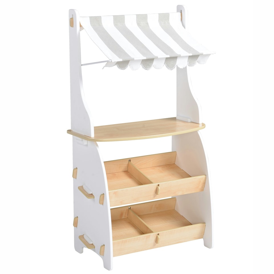image 1 of Hooga Kids Wooden Toy Shop, Role Play Shop Market Stand With Realistic Shelving and Fabric Canopy