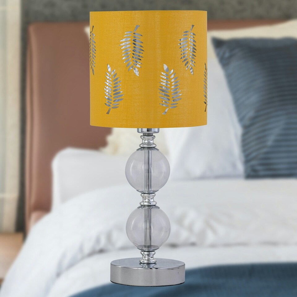 image 1 of First Choice Lighting Set of 2 Chrome Two Ball Table Lamps with Ochre Mustard Fern Shades Chrome | Yellow