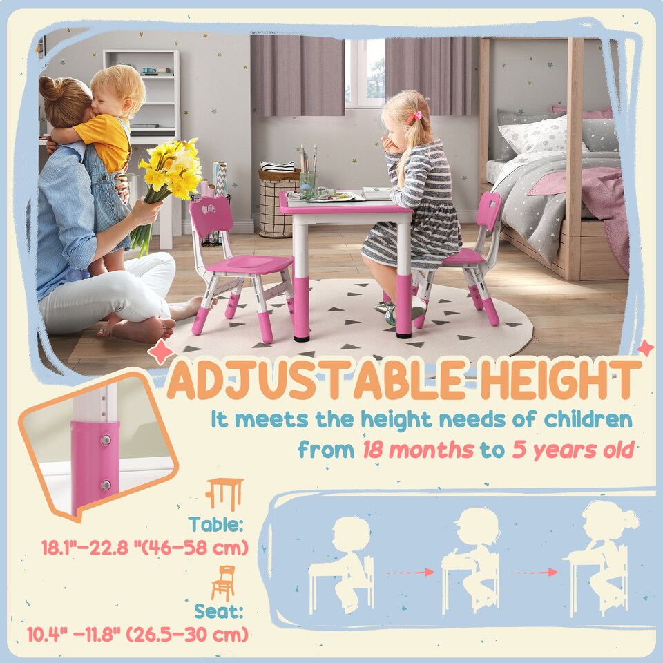 image 1 of AIYAPLAY 3-Piece Adjustable Kids Table and Chair Set for Playroom - Pink