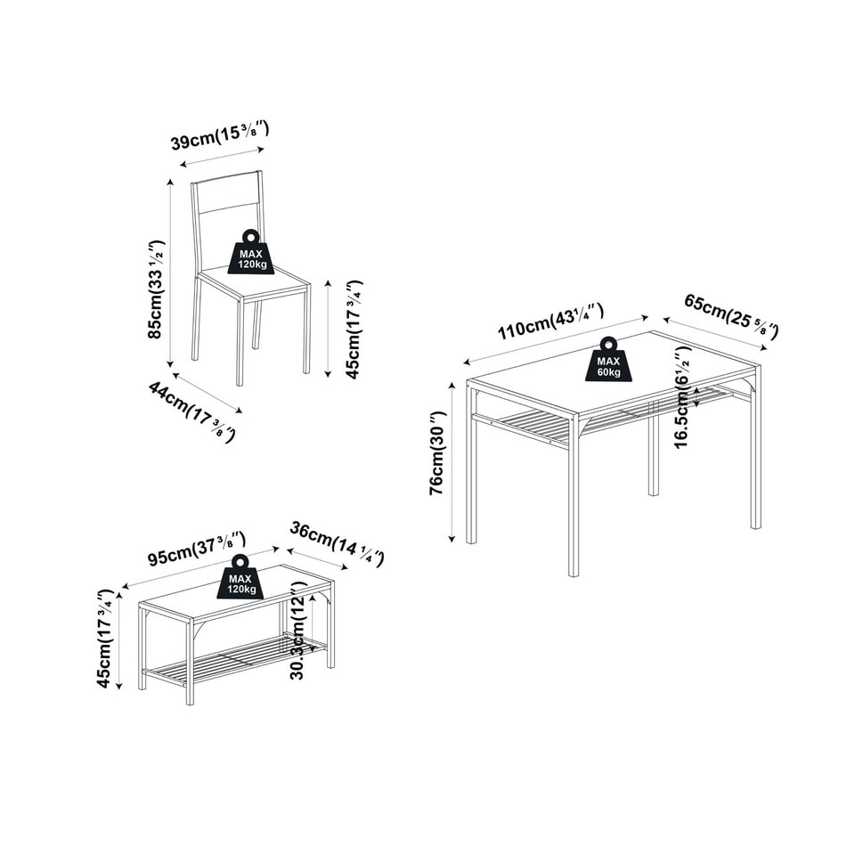 image 1 of 4 Pcs Set Dining Room Table Metal Frame with 2 Matching Chairs and Bench Kitchen | Multi | Rustic Brown