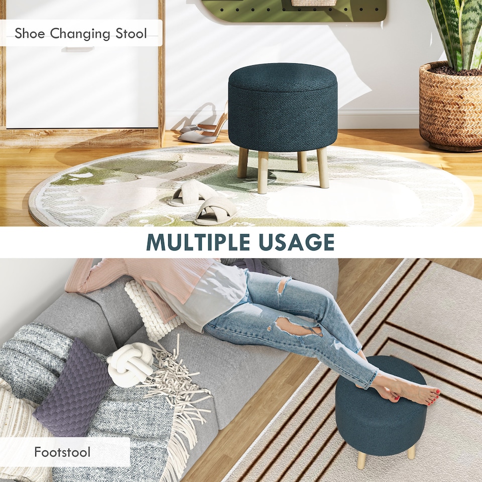 image 1 of HOMCOM Round Storage Stool, Linen Fabric Upholstered Foot Stool with Removable Top, Padded Seat, Hidden Space and Wooden Legs for Living Room, Blue