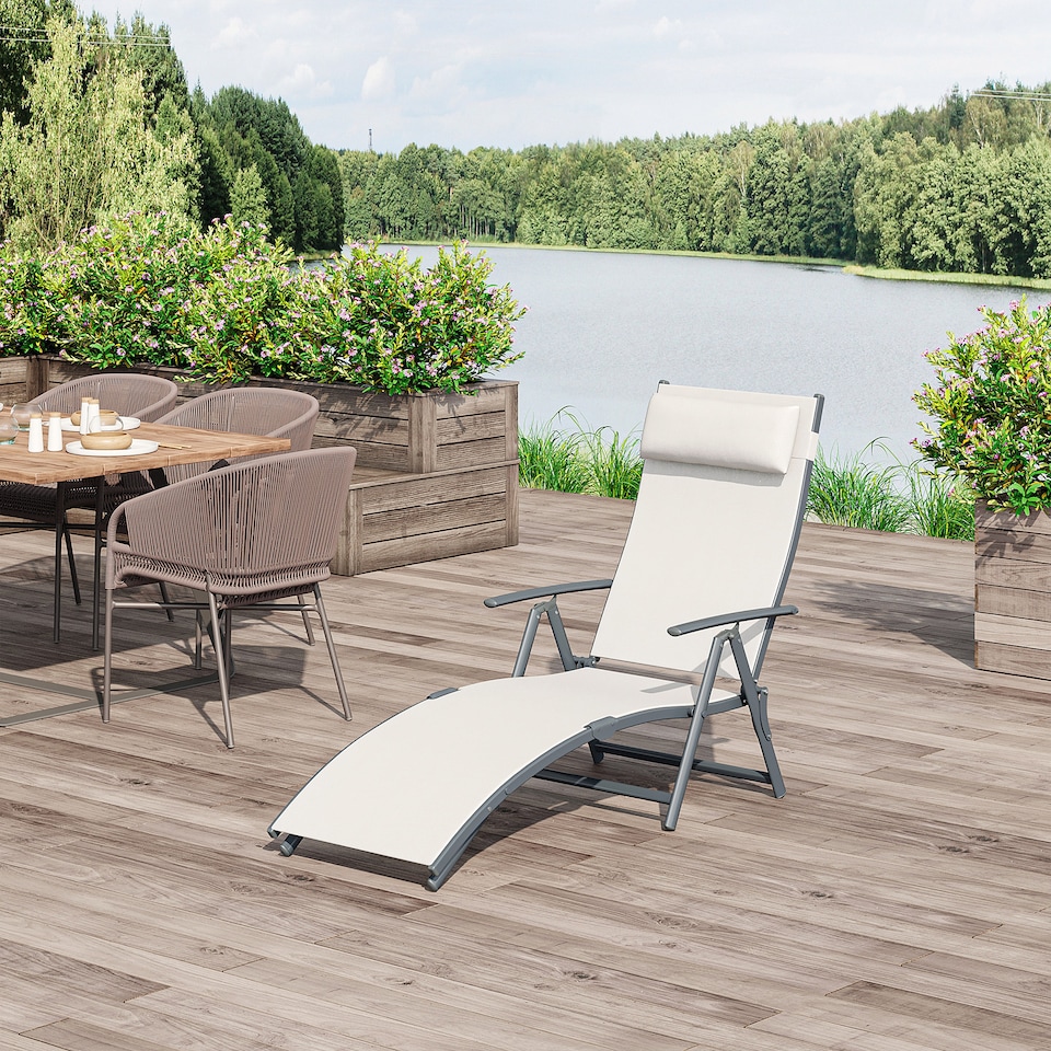 image 1 of Outsunny Sun Lounger Steel Frame Outdoor Folding Chaise Texteline Lounge Chair Recliner with Headrest & 7 Levels Adjustable Backrest, Cream White