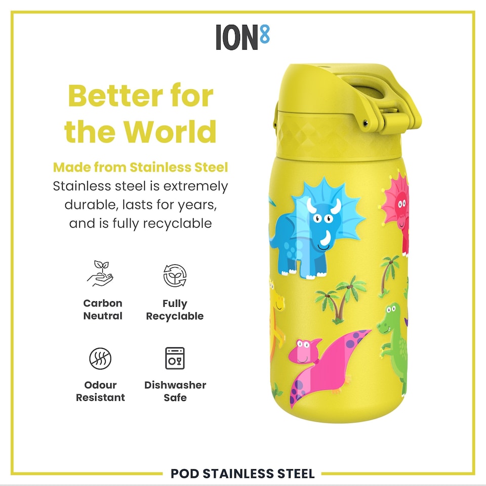 image 1 of Leak Proof Kids Water Bottle, Stainless Steel, 400ml (13oz) | Yellow | Dinosaur | One Size