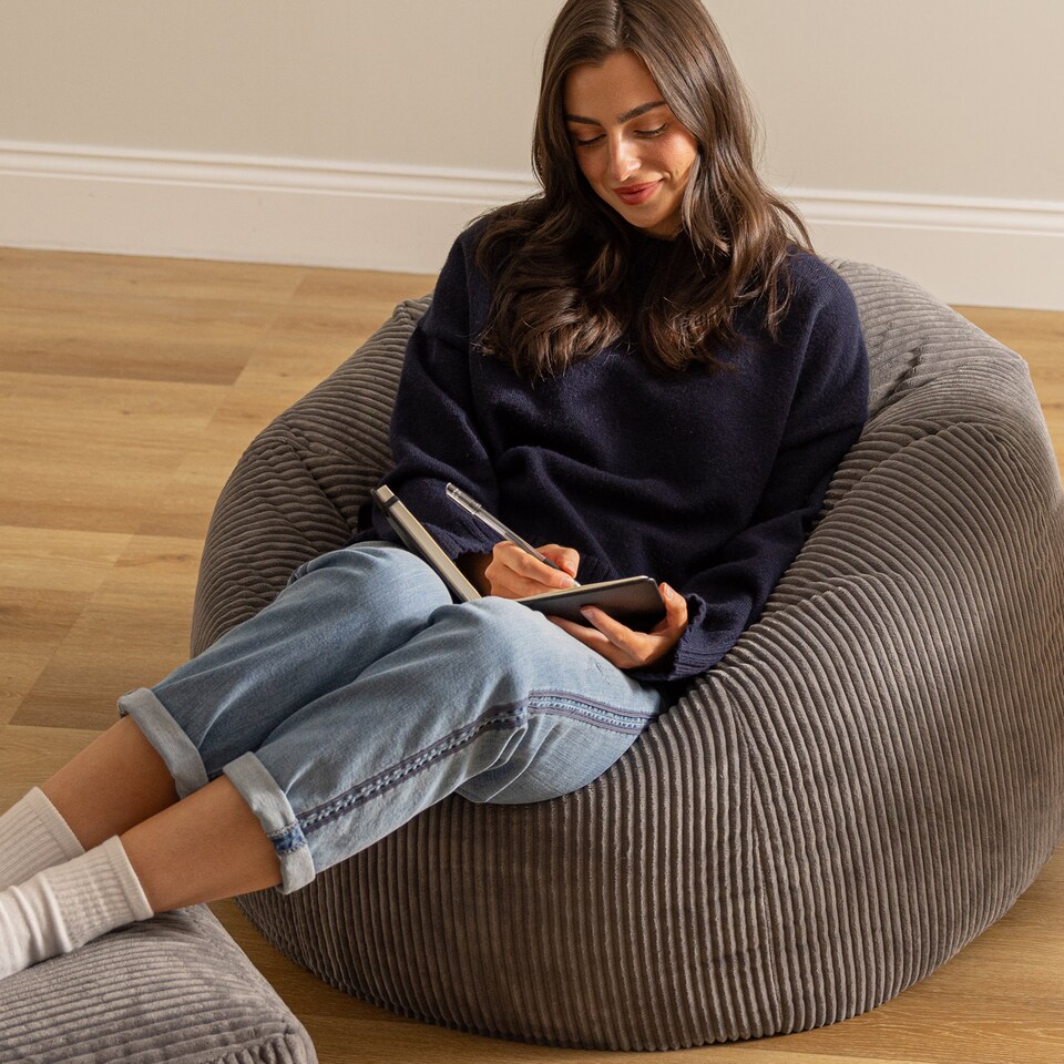 image 1 of Kingston Cord Adults Bean Bag Chair and Pouffe, Ready Filled Beanbag and Footstool Charcoal Grey | Grey | Charcoal Grey | 2