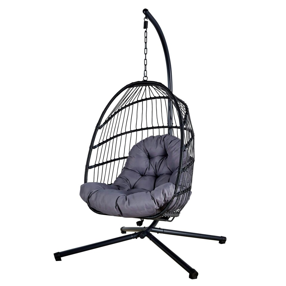 image 1 of Hanging Egg Chair Rattan Black Waterproof Dark Grey Cushion Indoor Outdoor Seat