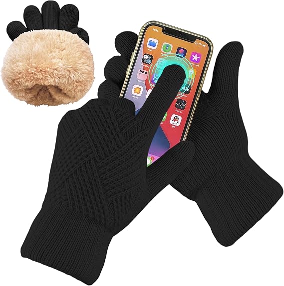 Winter Gloves for Women, Warm Thermal Touch Screen Knitted Gloves with Fleece Lining & Pom Pom, for Snow Cold Weather Gifts, Black