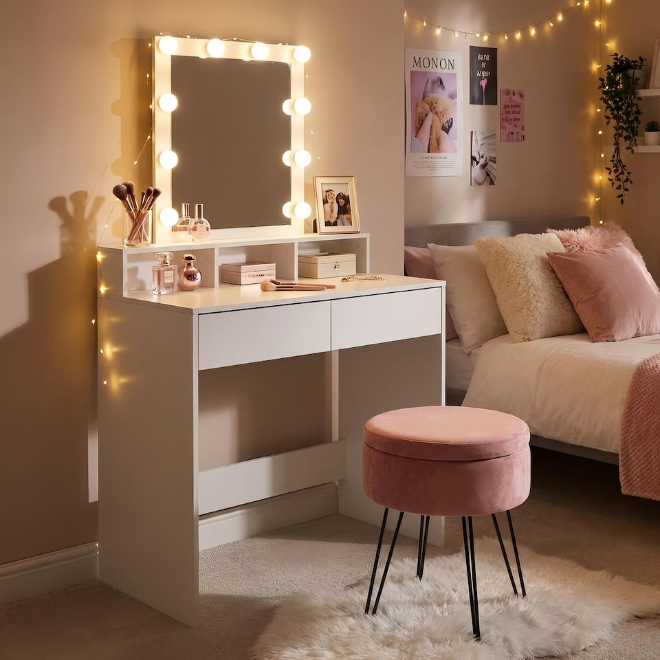 image 1 of Harbour Housewares Wooden Dressing Table Set with LED Lights & Pink Stool - White | White | White/Pink