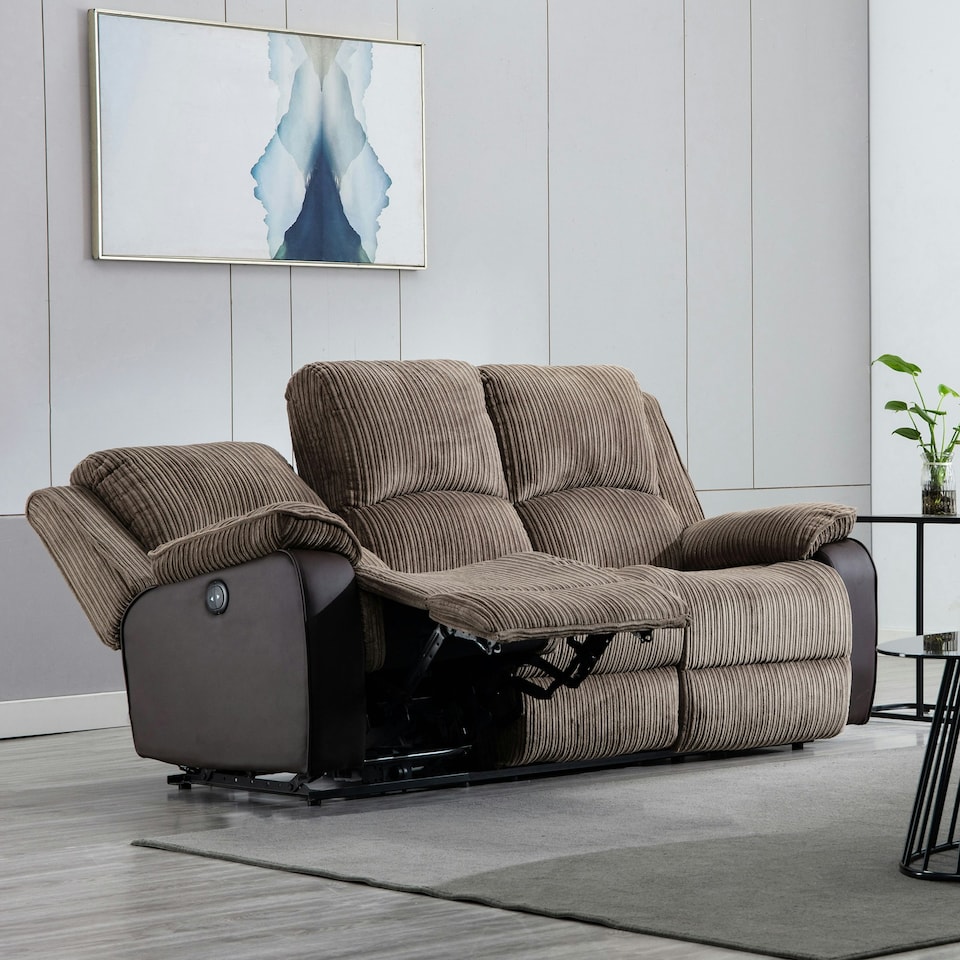 image 1 of Postana 3 Seater Electric High Back Jumbo Cord Fabric Recliner Sofa (Brown)