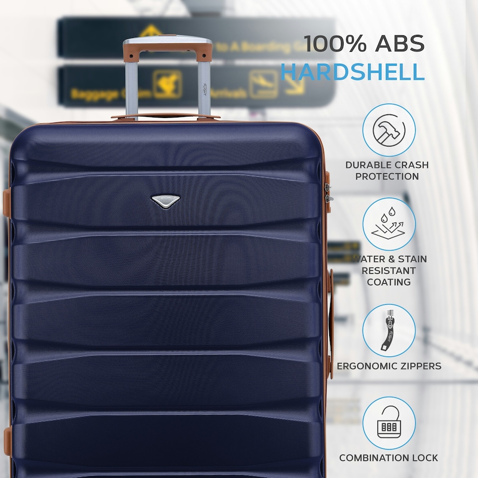image 1 of Flight Knight 29" Extra Large Suitcase – 20kg Capacity Hard Shell Check-In Luggage with 4 Wheels  100+ Airlines Approved: Ryanair, EasyJet, Jet2, Wizz Air, BA | Blue | Navy/Tan | Large