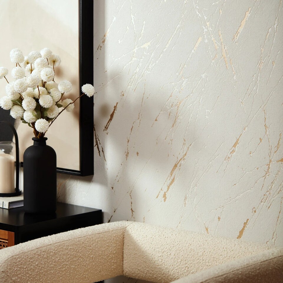 image 1 of Sienna Wallpaper in Ivory and Gold | White | Ivory and Gold | 53cm x 8m