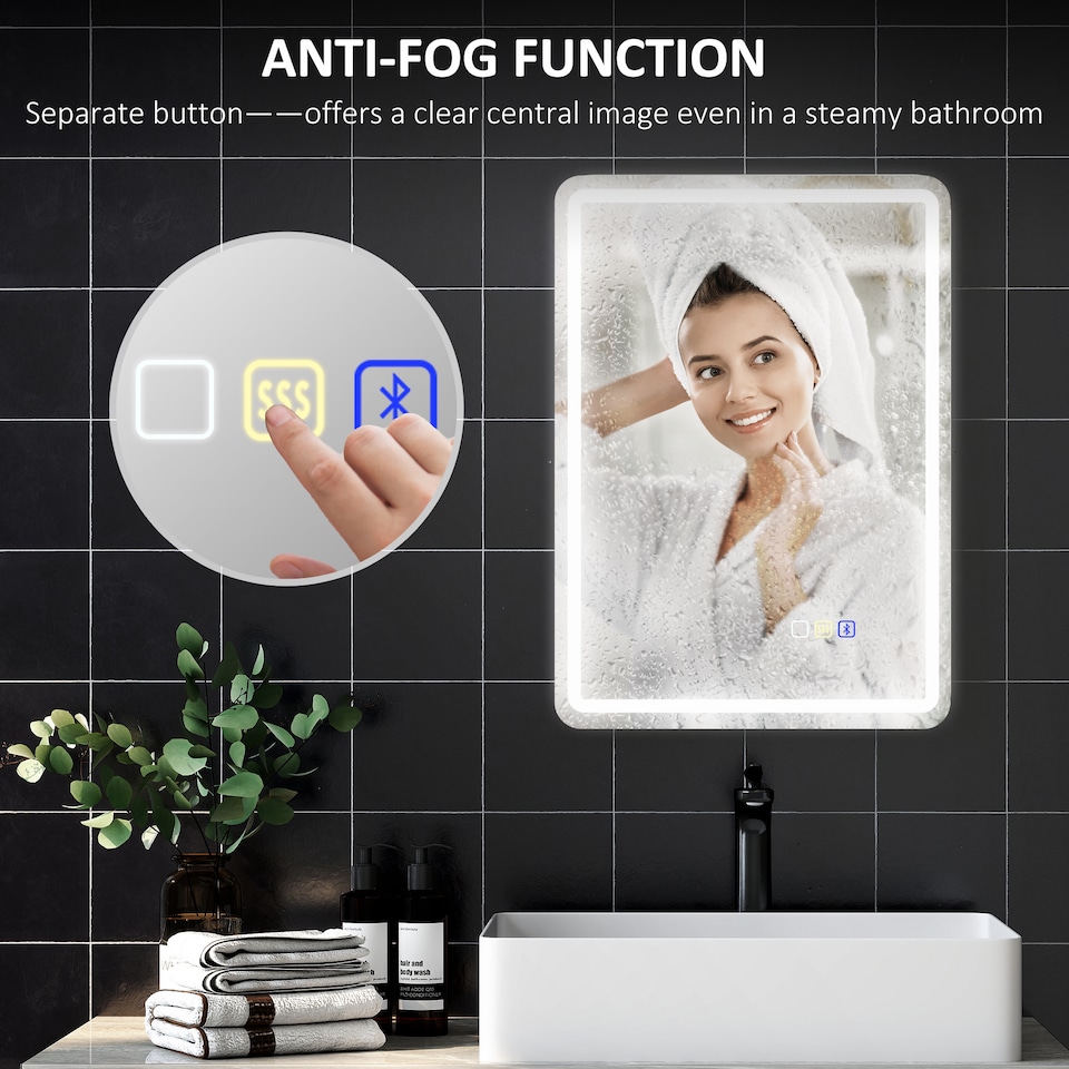 image 1 of HOMCOM 500 x 700 mm Bluetooth Bathroom Mirror with LED Lights, Illuminated Backlit Wall Mounted Vanity Mirror with 3 Colours Dimmable, Anti-Fog, Memory & Touch Switch, IP44