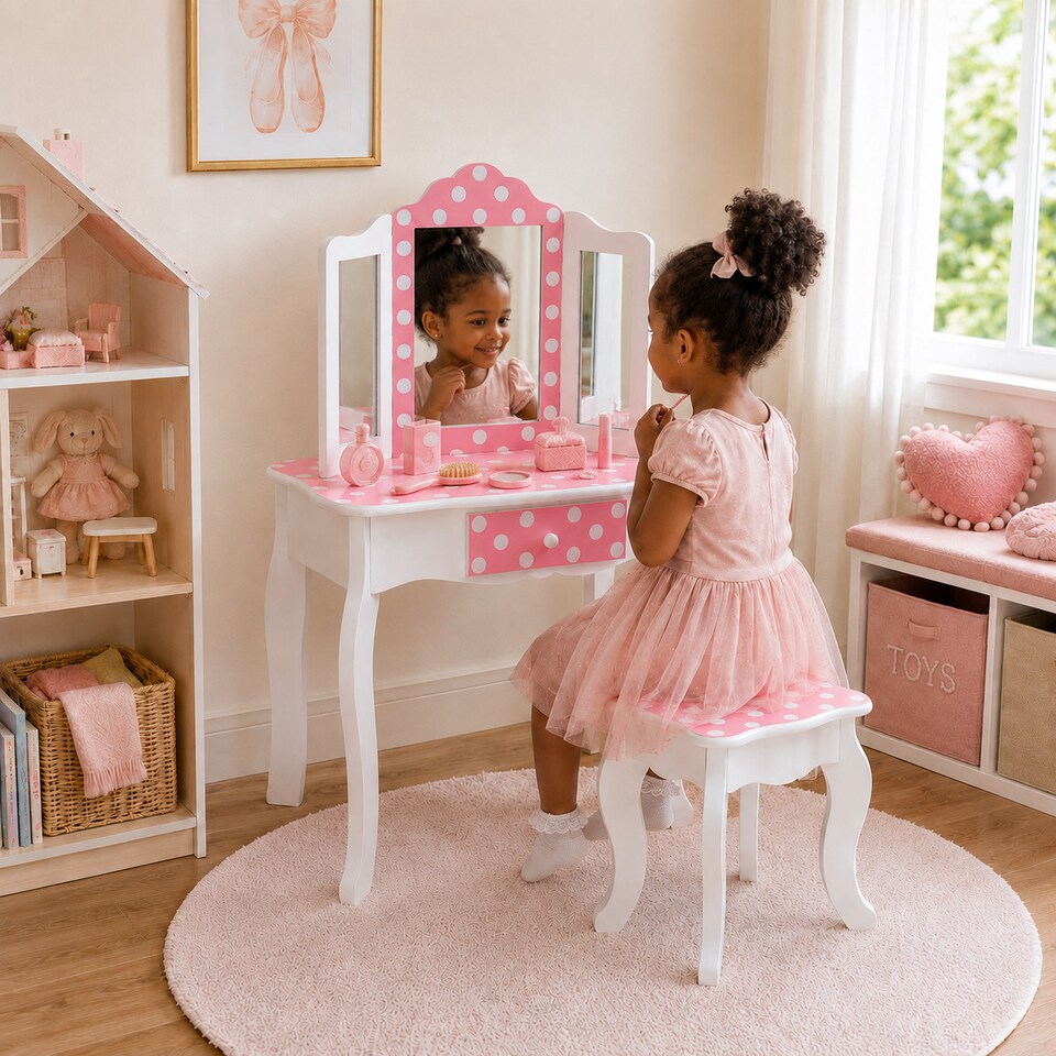 image 1 of Teamson Kids Play Vanity with Stool, Gold & White Polka Dots, Gisele