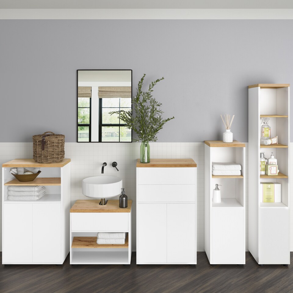 image 1 of Thessa Sink Cabinet 60cm with 1Flap White Oak Look | White | White/Oak